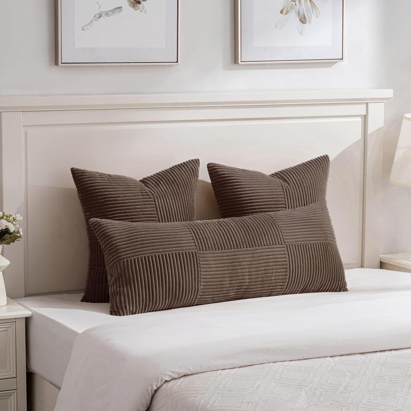 Fancy Homi 2 Packs Dark Brown Decorative Throw Pillow Covers 18x18 Inch for Living Room Couch Bed Sofa, Rustic Farmhouse Boho Home Decor, Soft Corss Corduroy Patchwork Textured Cushion Case 45x45 cm