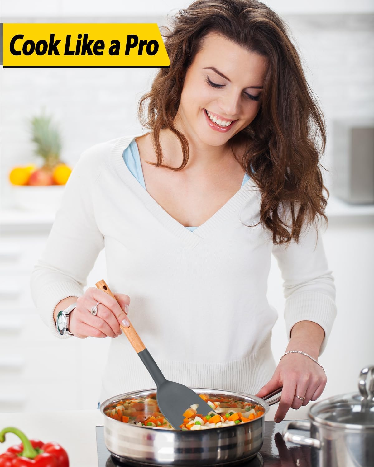 Pack of 4 Silicone Cooking Utensils Set, Non Stick Solid Spatulas and Heat Resistant Slotted Spoons with Wooden Handle, Ideal Wood Kitchen Utensils Set for Frying,Serving,Turning,Stirring (GRAY)