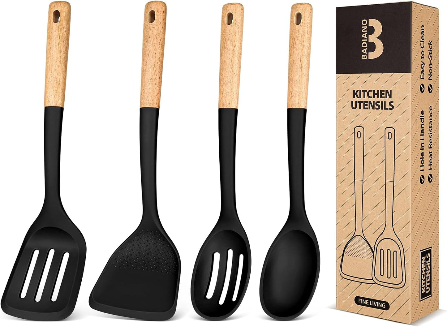 Silicone Cooking Utensils Set, Perfectly Angled for Frying, Mixing,Serving,Draining,Turning and Stirring, BPA-Free Matte Silicone, Wood Handles, Safe for Nonstick Cooking Surfaces,4 Pack (Black)
