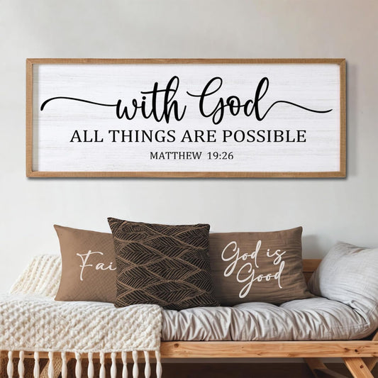 With God All Things are Possible Framed Wall Art, 40''×15'' Natural Religious Rustic Bible Verse for Christian God Jesus Christ Prayer, Holy Positive Horizontal Inspirational Catholic Scripture Decor