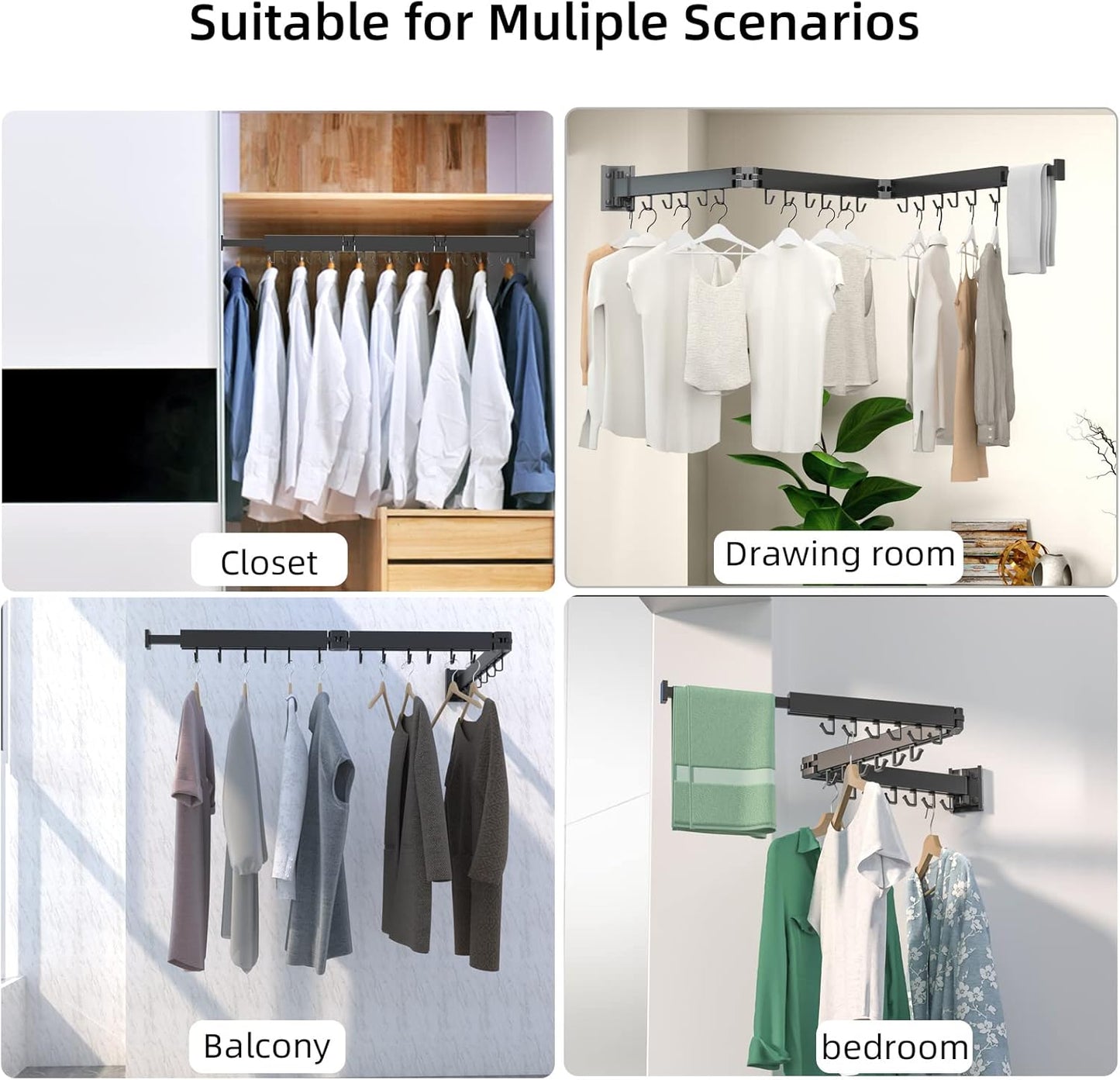 Wall Mount Clothes Drying Rack, 2-Fold Foldable & Sturdy Laundry Drying Rack Wall Mounted, [No Drilling] Space Saver for Laundry, Balcony, Bathroom, Patio, Dormitory, Apartment-Black