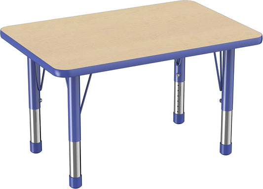 FDP Rectangle Activity School and Classroom Kids Table (24 x 36 inch), Chunky Toddler Leg, Adjustable Height 15-24 inches - Maple Top and Blue Edge