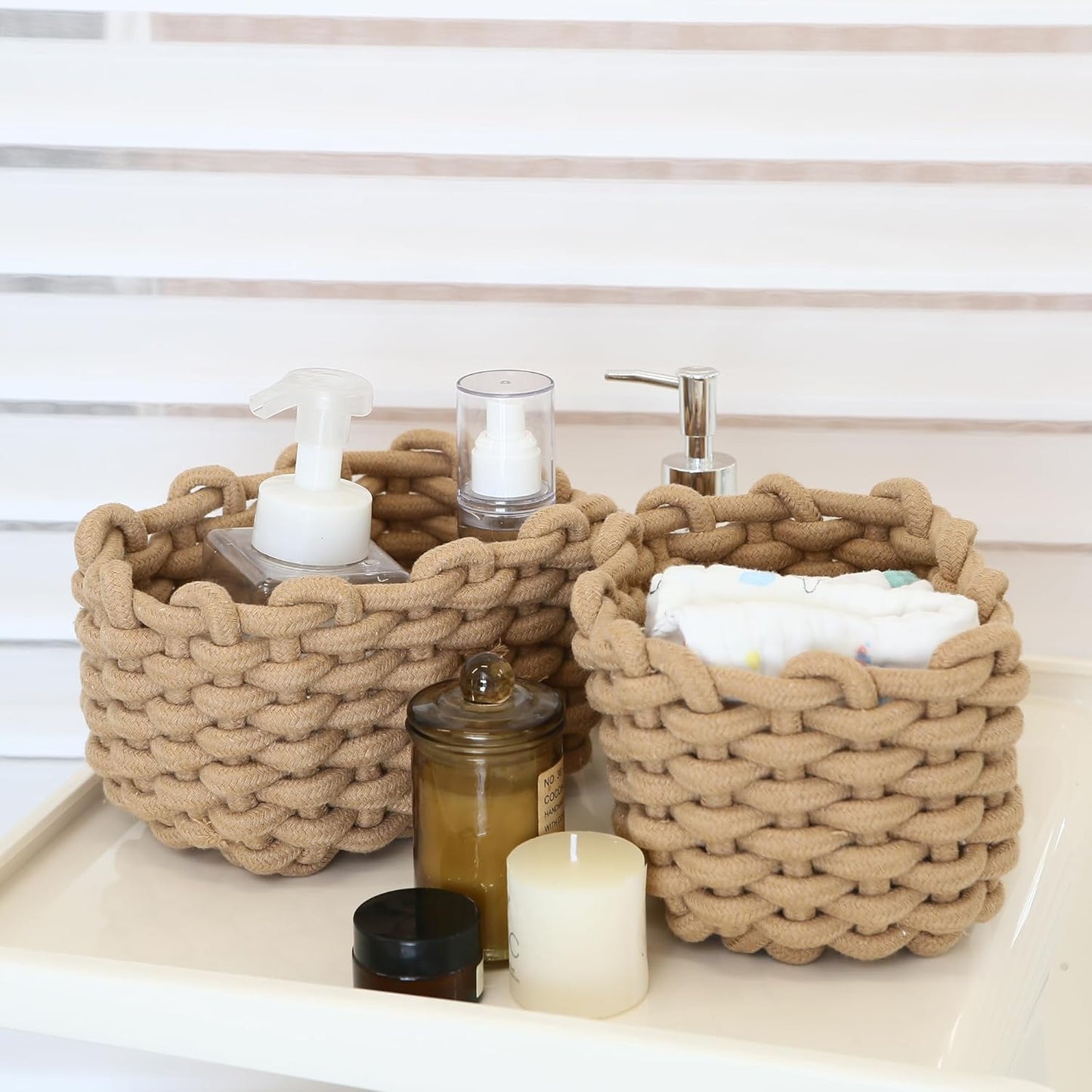 Sea Team 3-Pack Rectangle Woven Cotton Rope Storage Baskets with Handles, Shelf Basket, Closet Organizers, 3-in-1, Khaki