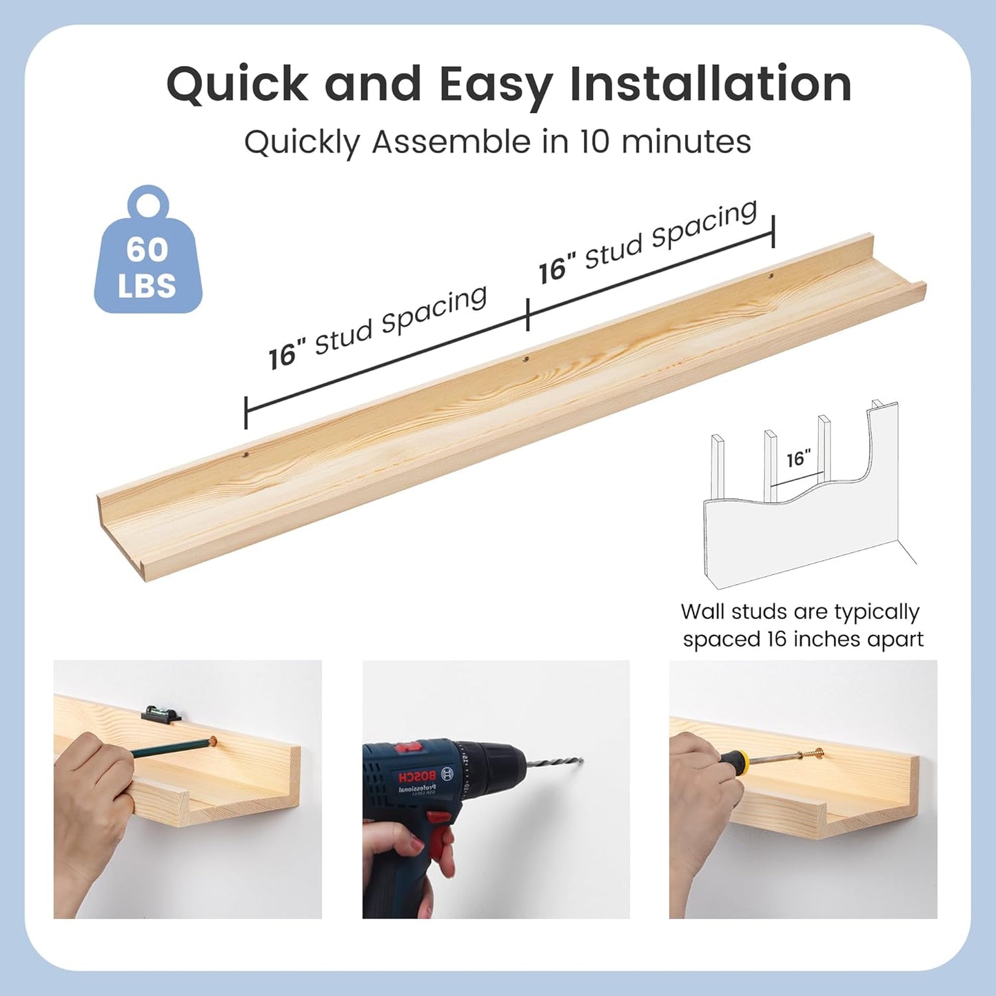 Picture Ledge Shelf for Wall, 48 inches Solid Pine Wood Nursery Book Shelves 3 Packs, Floating Ledge Shelves for Kids' Room Bedroom Bathroom Long Floating Shelves for Wall Nursey Wall Decor, Natural