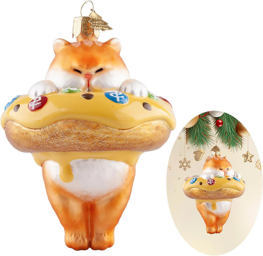 Cat Christmas Tree Ornaments,Hand-Blown Glass Ornaments,Cat Collection Hanging Ornaments,Donut Pendant Ornament,Glass Christmas Decorations for Animal Lovers Holiday Party Home Gifts