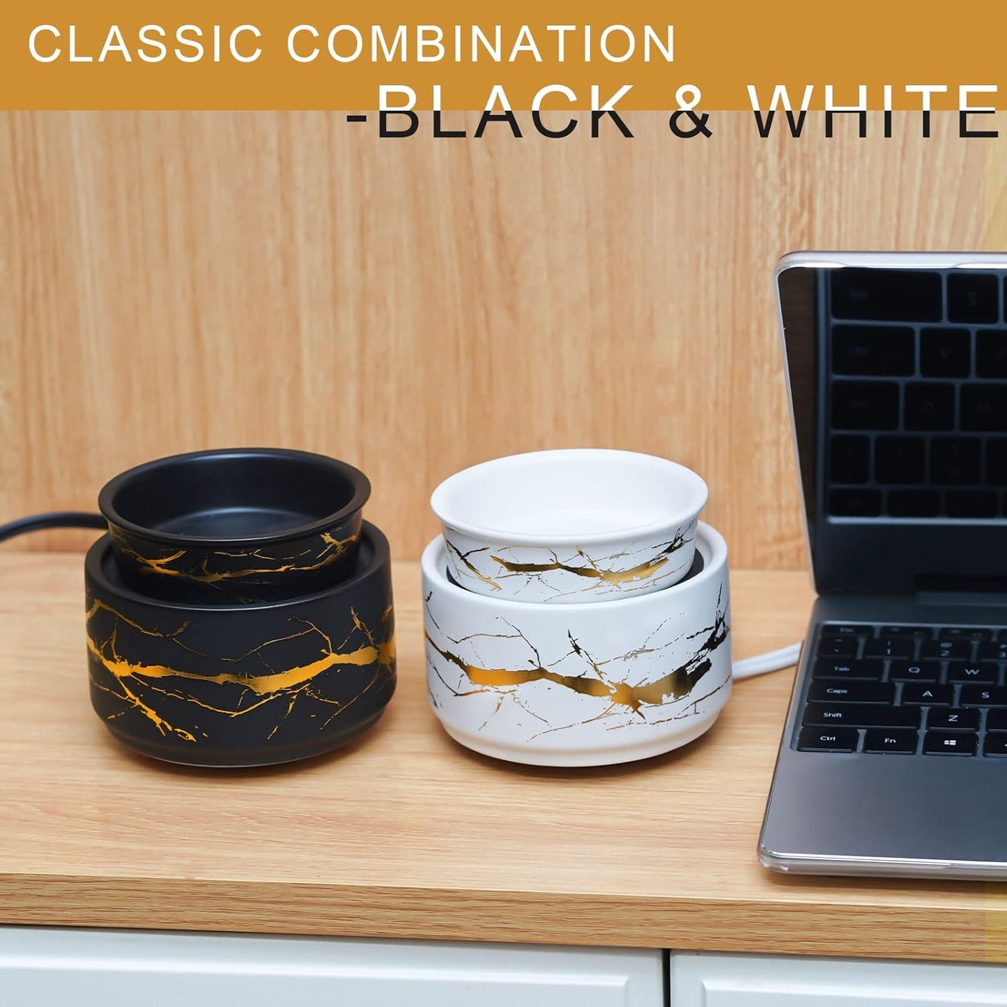 PALANCHY Wax Melt Warmer Ceramic 3-in-1 Oil Burner Electric Candle Wax Warmer Burner Melter Fragrance Warmer for Scented Waxs Home Office Bedroom Aromatherapy Gift& Décor (White& Black(2 Pack))