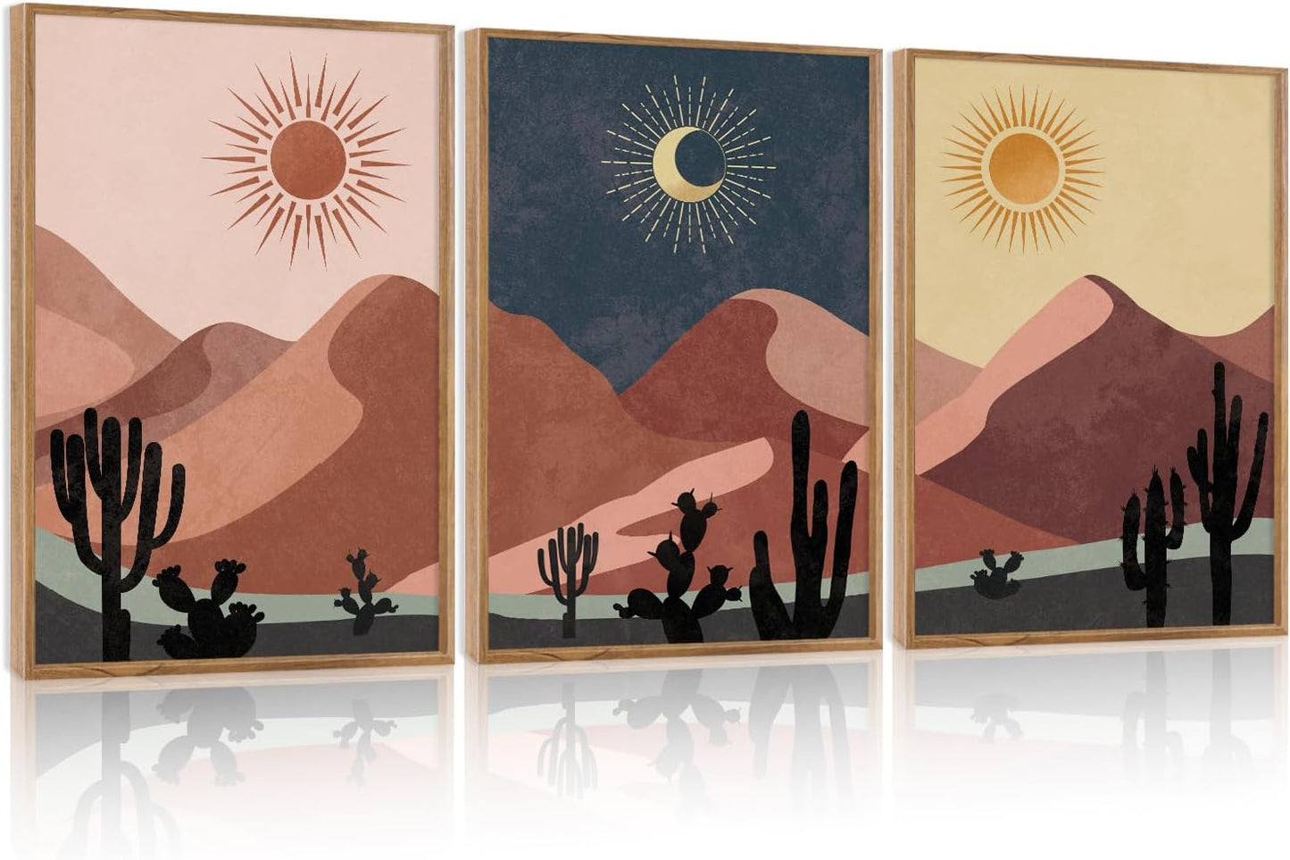 HPNIUB Boho Desert Framed Canvas Wall Art Set, Abstract Sun Moon Art Prints, Modern Cactus Paintings Artwork, Mid Century Southwestern Landscape Wall Decor for Living Room, Bedroom, Office-16 x24 x3