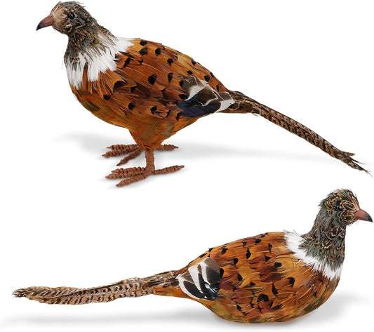 Nature Vibe Feathered Pheasant Decor Set of 2,Simulation Woodland Animals Figurines with Natural Pheasant Feathers as Fall Home Decor or Gifts for Autumn Harvest Festival