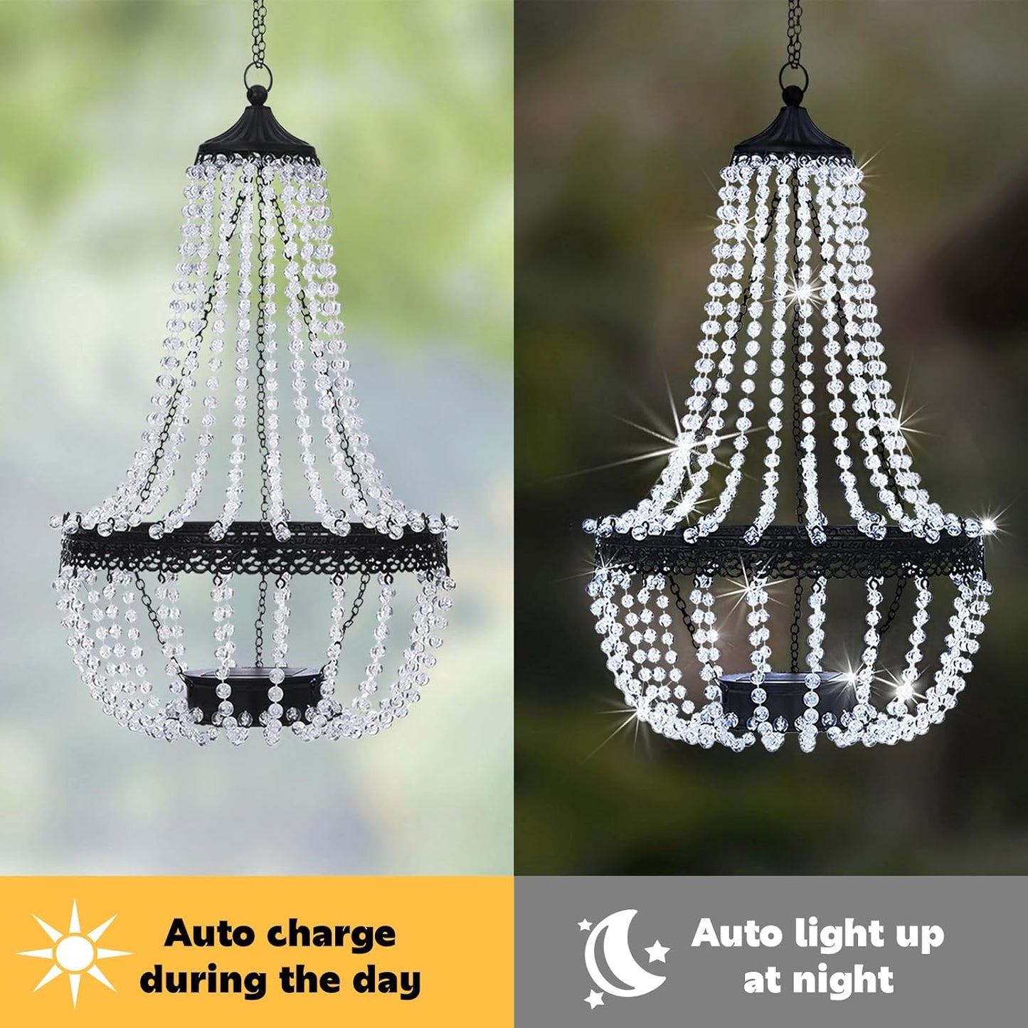 Hanging Solar Chandelier Outdoor, 30 Cool White Lights Acrylic Clear Beaded Chandelier with S Hooks Modern Lantern for Garden Yard Patio Gazebo Decorations, 28”H