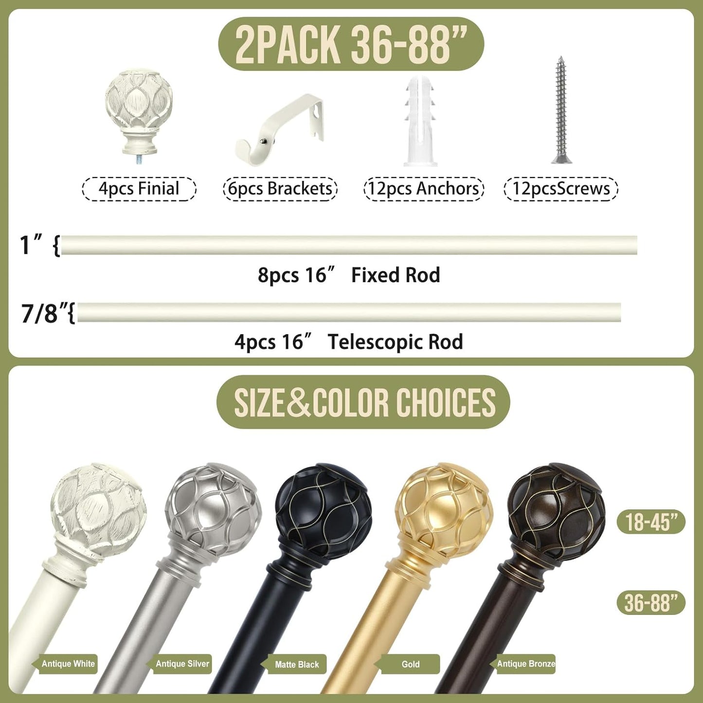 White Farmhouse Curtain Rods for Windows:Heavy Duty Adjustable Curtain Rod for Bedroom Living Room,Boho Decorative Rustic Drapery Pole with Vintage Coastal Finials,Antique White 2 Pack 36-88"