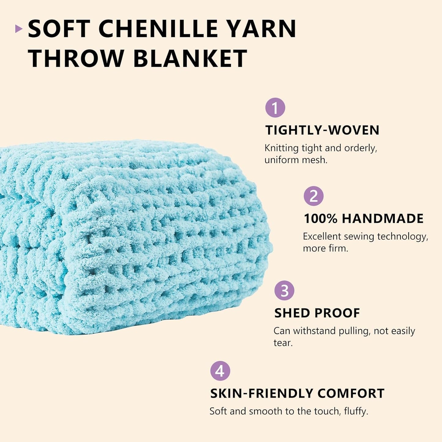 L'AGRATY Chenille Chunky Knit Blanket, Light Blue, 60x80, Heavyweight Throw Blanket for Home Decor