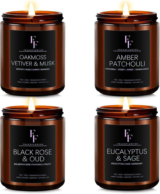 Scented Candles Set, Candles for Home Scented Soy Wax Candle, 4 Pack 28 Oz Aromatherapy Candles Gift Set for Women Men (Patchouli/Vetiver/Sage/Rose)