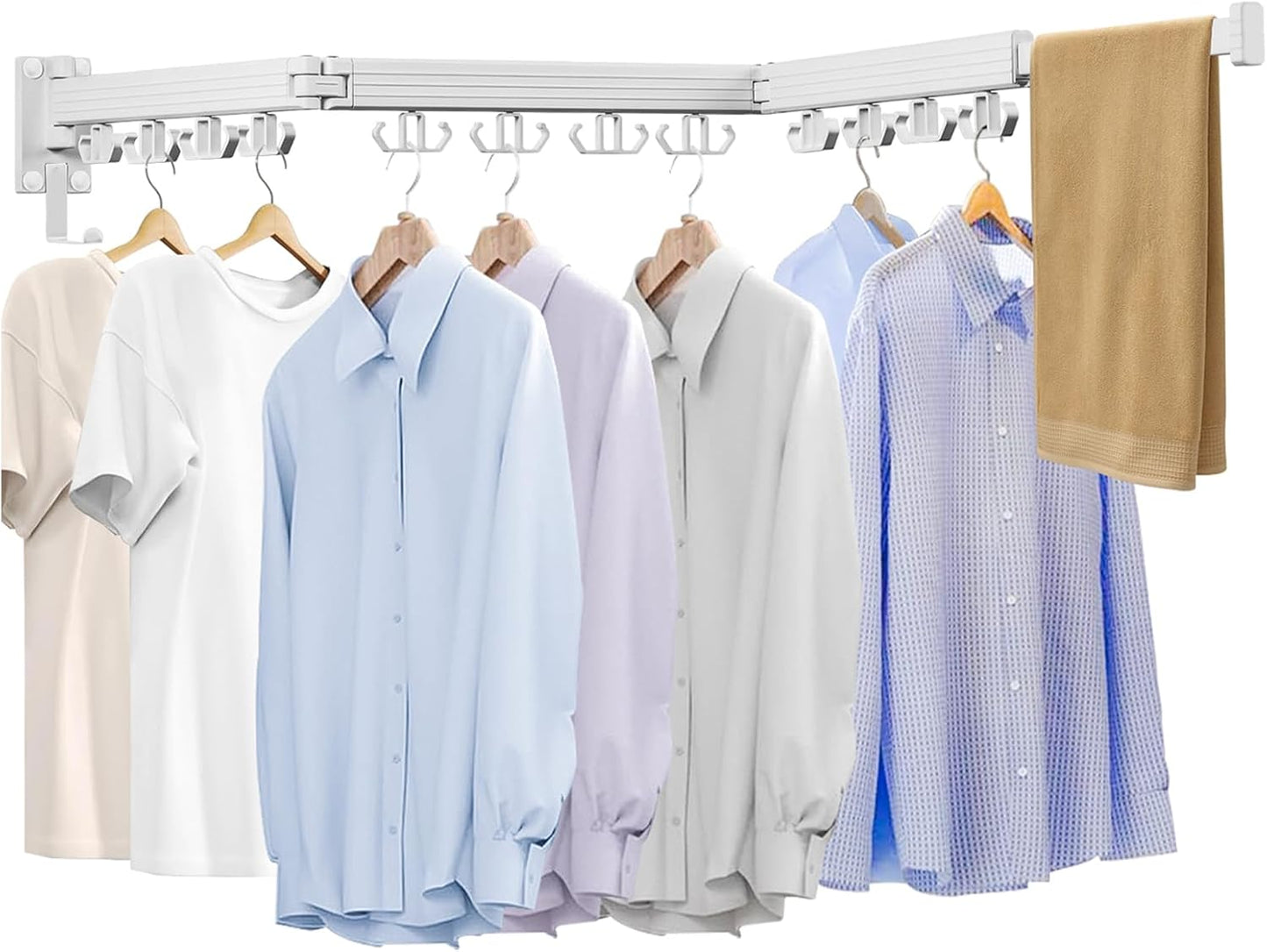 Wall Mounted Clothes Drying Rack, Laundry Drying Rack Wall Mount, 3-Fold Drying Rack Clothing, Foldable Clothes Drying Rack with 12 Dual Hooks Organization for Laundry Room Indoor - White