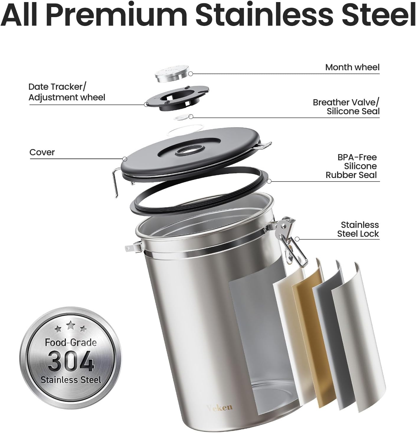 Veken Coffee Canister, 39OZ Large, Airtight Stainless Steel Food Storage Container for 2.2lbs Coffee Beans, Ground, Sugar, Tea, Flour, Rice, Cereal, Cookies Jars, Bar Accessories & Gifts, Silver