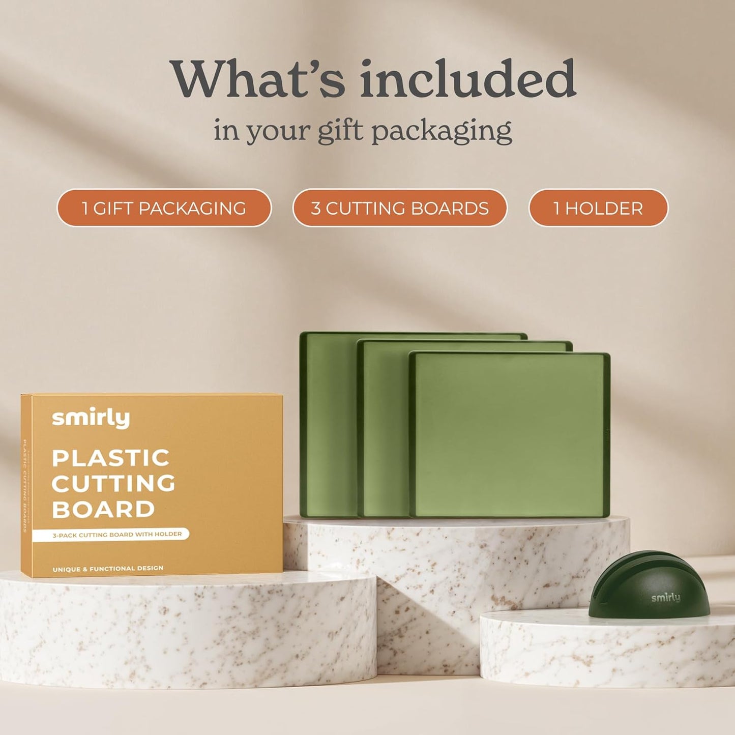 SMIRLY Plastic Cutting Board Set with Holder 3 Pieces, Non-Slip Dishwasher Safe Chopping Boards for Kitchen, Green