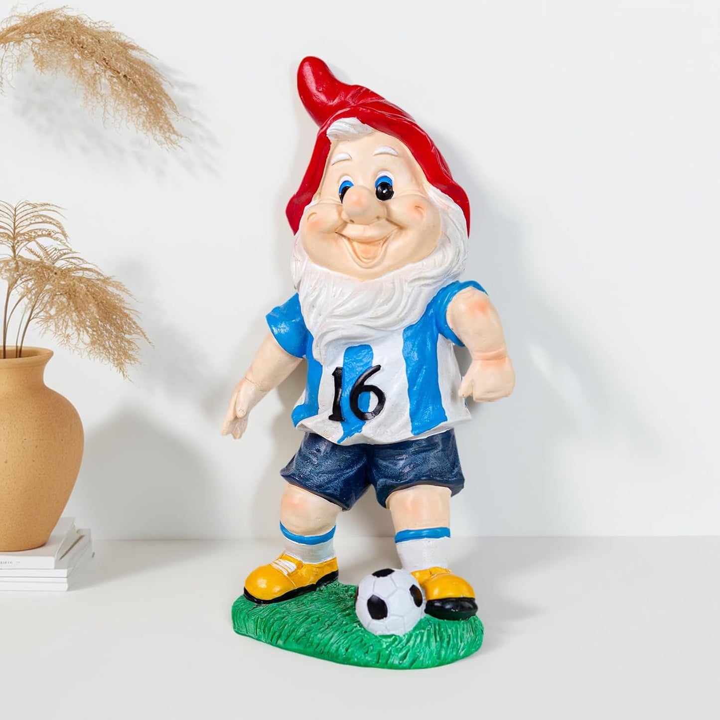 Outdoor Gnome Sculpture Soccer Garden Gnome Statue, 9.8 x 5.1 x 3.5 inches, Red Hat with Blue Jersey The for Football Enthusiasts