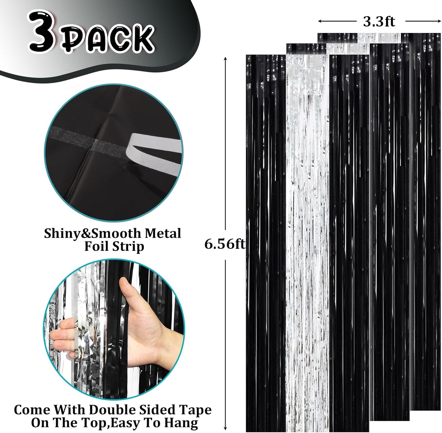 3 Pack 3.3 x 8.2 ft Black and Silver Foil Fringe Backdrop Curtains, Tinsel Streamers Party Decorations, Fringe Backdrop