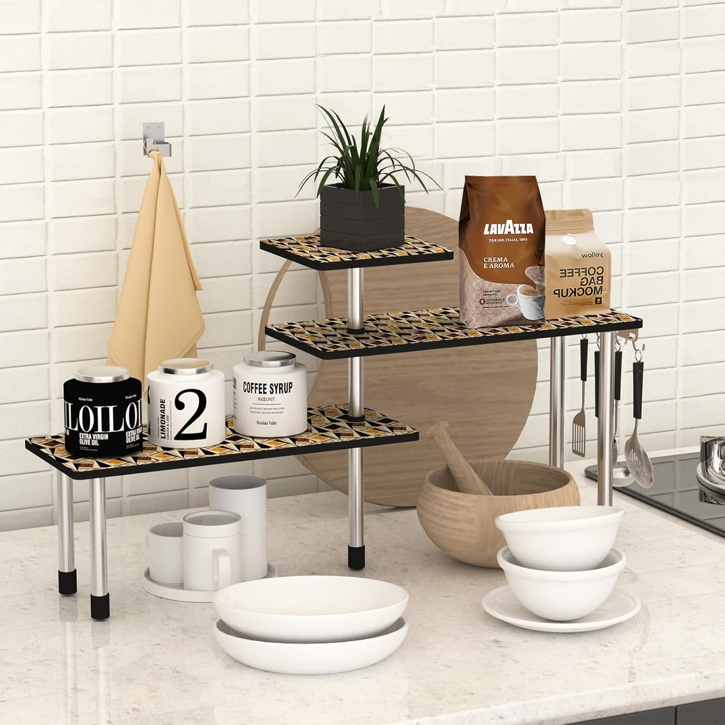 HYNAWIN 3-Tier Countertop Shelf,Desktop Storage and Organization,Bamboo Corner Shelf Over the Table With Printed Pattern-Adjustable Rack with Double Legs for Kitchen,Bed Room, Office