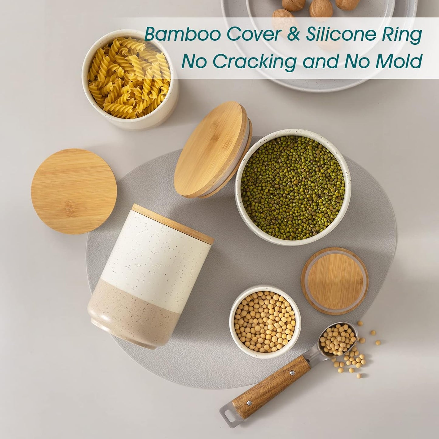 vancasso Sabine Large Ceramic Canister with Airtight Wood Lid - 74 oz Kitchen Food Storage Jar for Flour, Sugar, Coffee, Tea & Spices - Big Capacity Countertop Jar