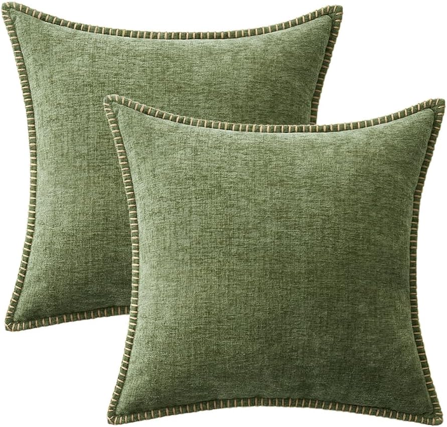 MIULEE Pack of 2 Fall Couch Throw Pillow Covers 18x18 Inch Sage Green Farmhouse Decorative Pillow Covers with Stitched Edge Soft Chenille Solid Dyed Spring Pillow Covers for Sofa Bed Living Room