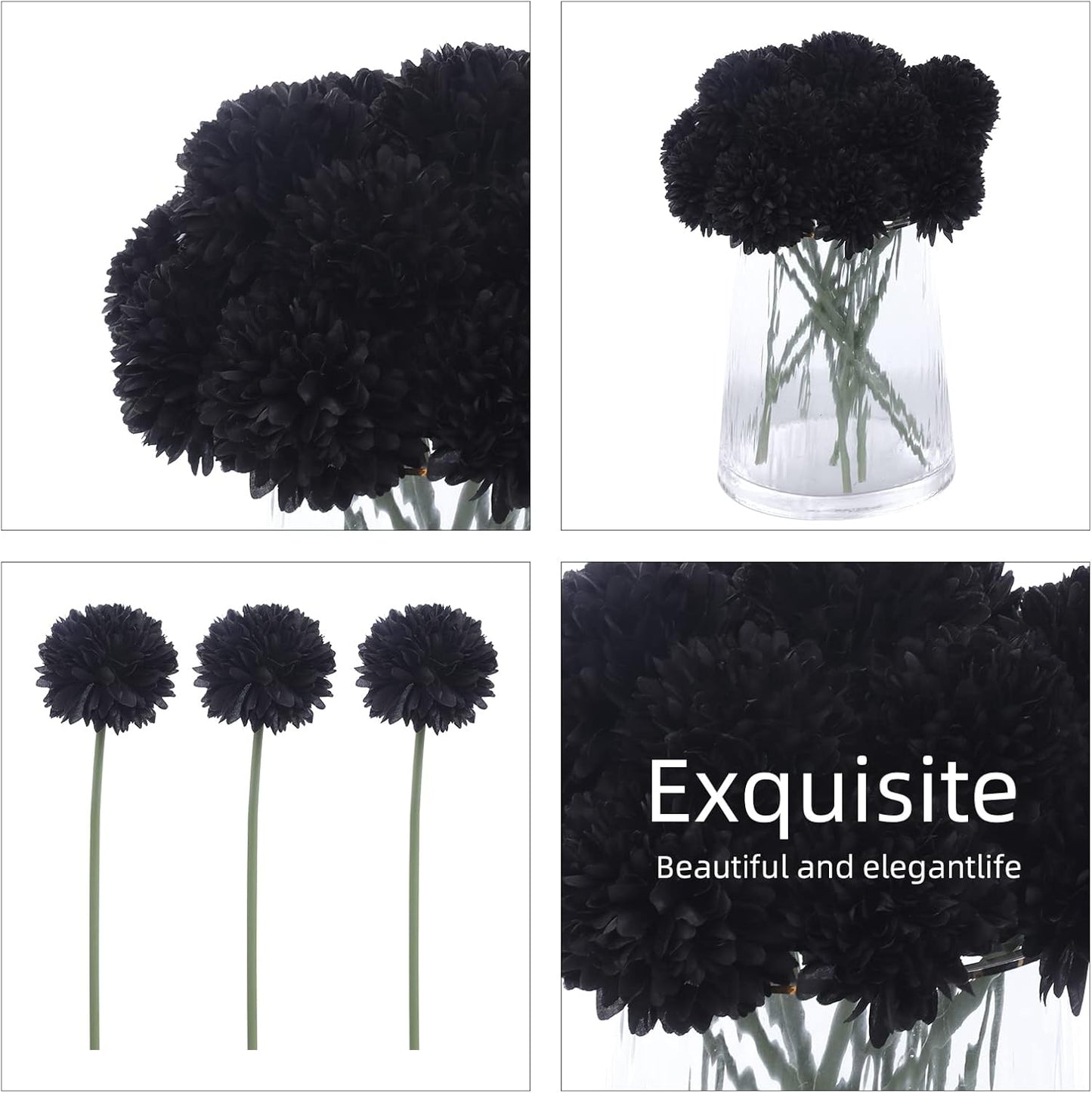 Kimura's Cabin 20Pcs Black Fake Ball Flowers Artificial Silk Chrysanthemums Faux Mums Flower Bouquets for Halloween Home Festive Party Decor Kitchen Table Centerpiece(Black)