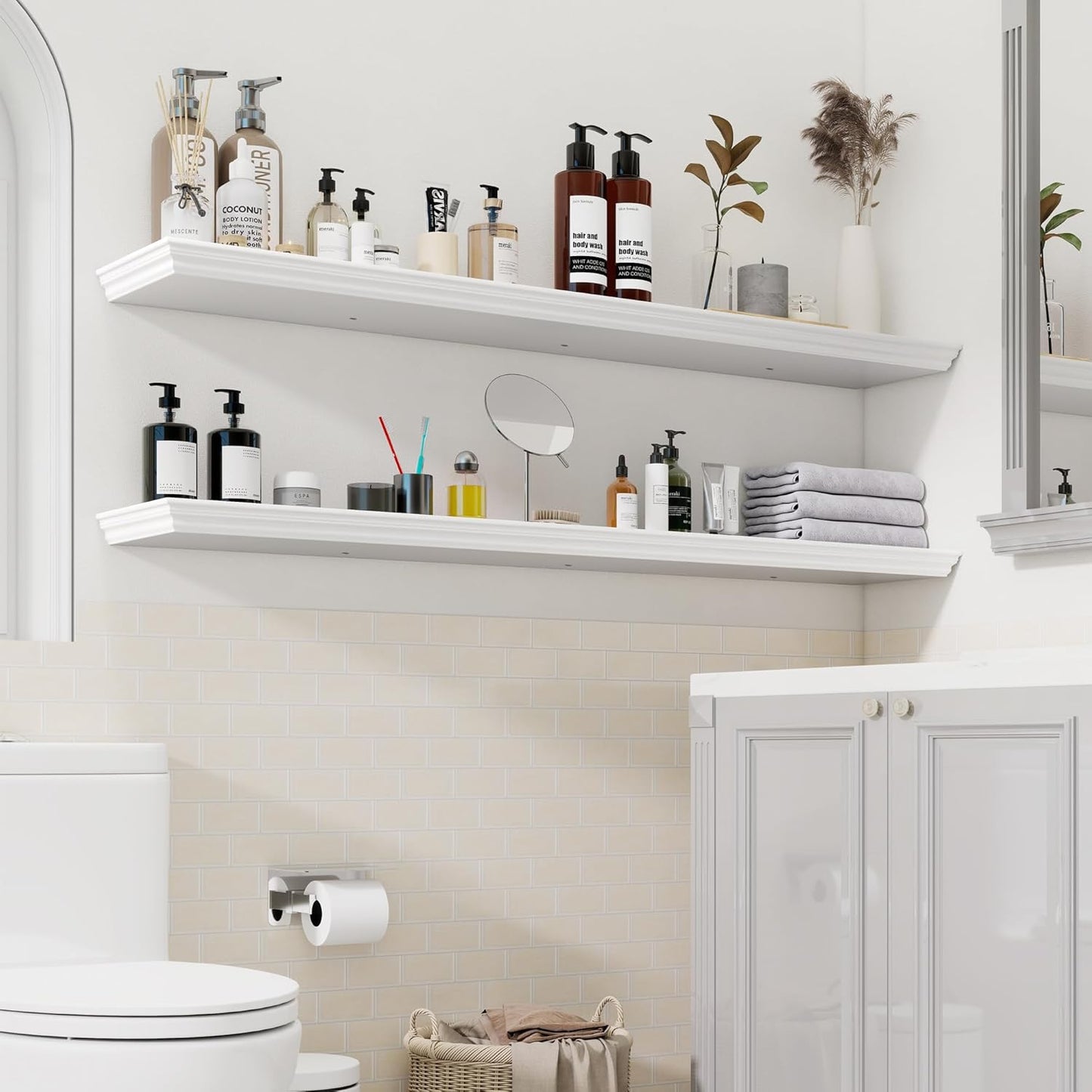 Floating Shelves for Wall, 55 Inch Long Wall Mounted White Hanging Shelf for Kitchen, Living Room, Office, Bedroom, Bathroom, Retro Vintage Wood Bookshelf for House Decor