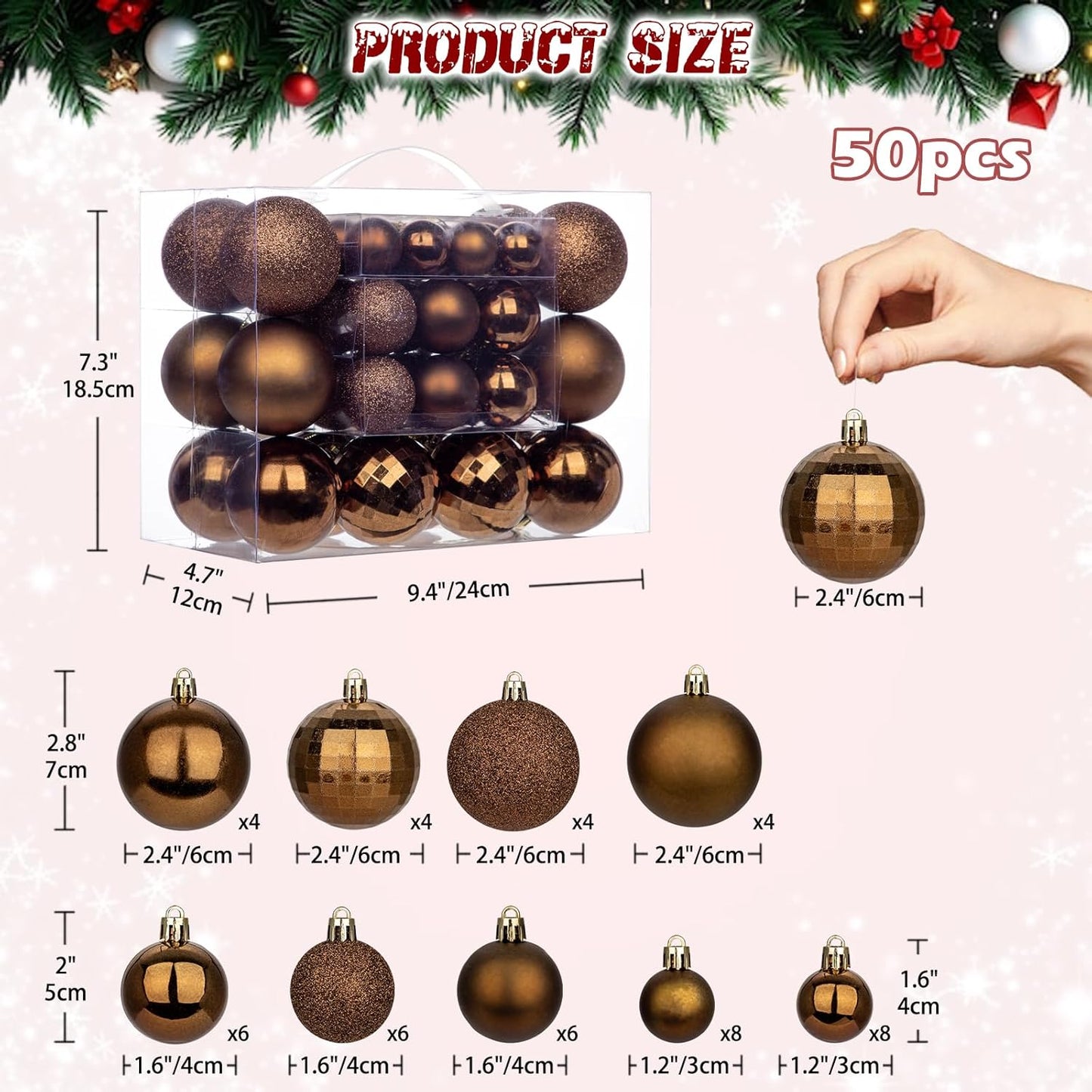 50pcs Christmas Ball Ornaments Brown Shatterproof Christmas Tree Ball Decorations Xmas Tree Large Xmas Ornaments Balls with Hanging Loop for Xmas Wedding Holiday Party Wreath Home Decor