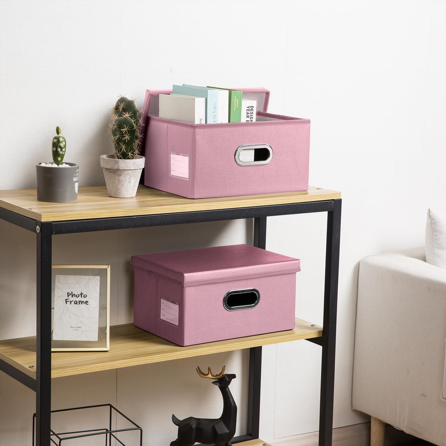 PRANDOM Collapsible Storage Box with Lid [1-Pack] Leather Fabric Foldable Storage Bin Organizer Container Basket Cube with Cover for Home Bedroom Closet Office Nursery Pink (13.6x9.6x6.9)