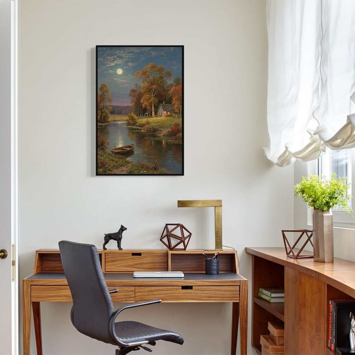 Small house by the stream under the moonlight tranquil style suitable for living room bedroom and office landscape poster wall art