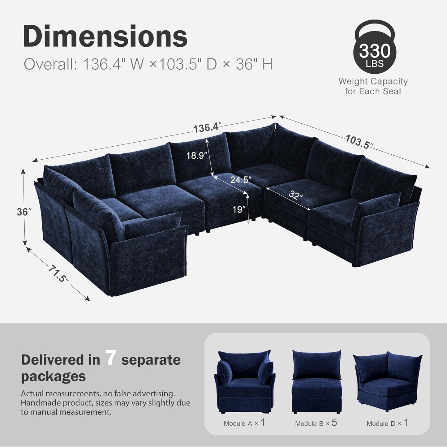 136.4" Oversized Modular Sectional Sofa, U Shaped Convertible Couch with Movable Ottoman, Large 7 Seat Corner Couches for Living Room Deep Seat Blue Chenille