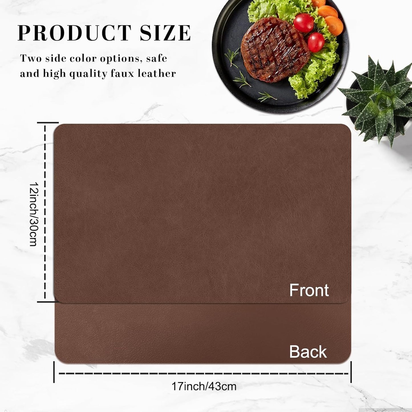 BLESWIN Faux Leather Placemats, Set of 6, 12×17 Inch -Double Side Texture Color Table Mats, Heat-Resistant, Waterproof and Oil-Resistant, Suitable for Dining Room, Kitchen, Party, Outdoor - Brown