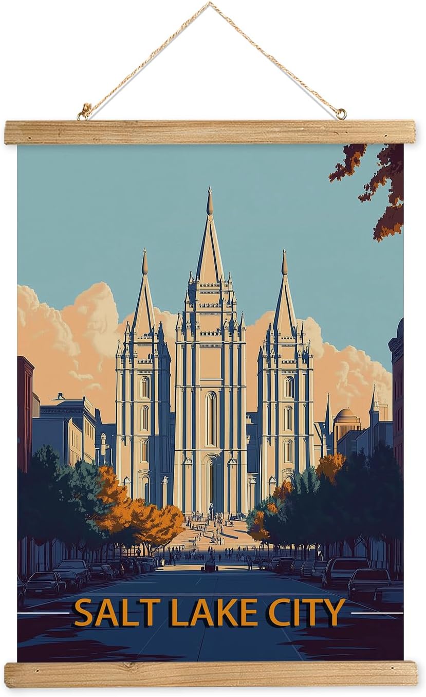 WREVERW Vintage Salt Lake City Poster Canvas Print with Wooden Hanger Frame, Featuring the Historic Salt Lake Temple, Wall Art for Home and Office Decor, 16x23 inches