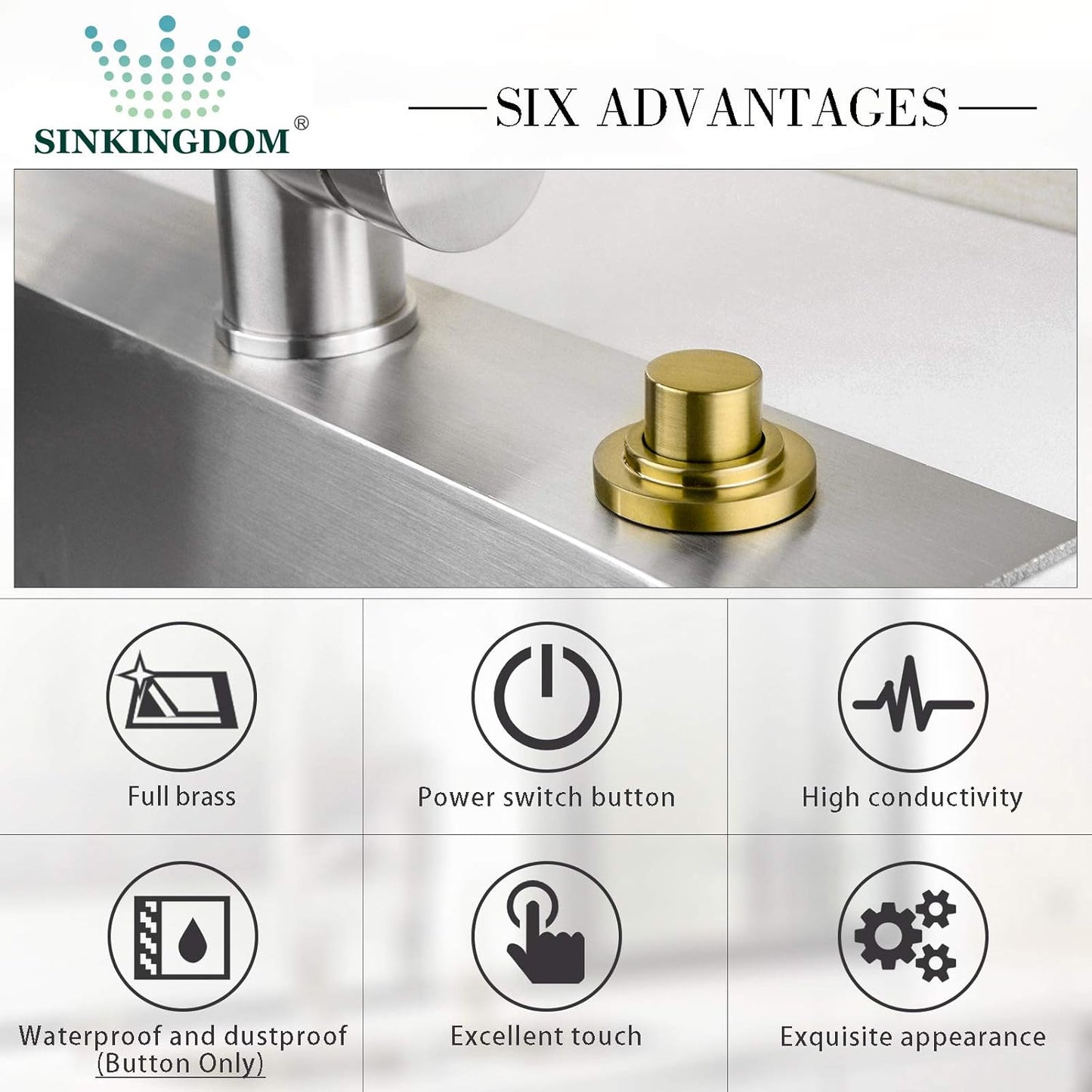 SinkTop Air Switch Kit with Brass Gold Long Button (Full Brass) for Garbage Disposal
