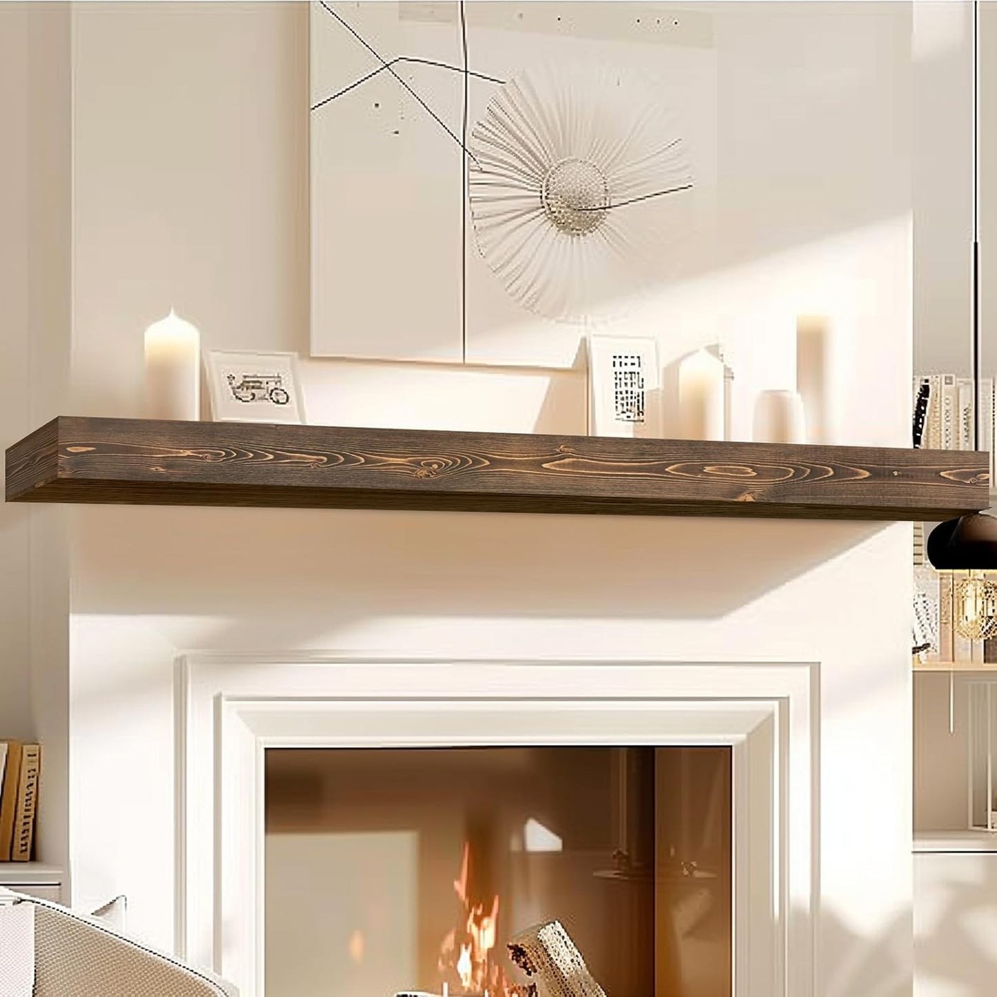 72x8x3 Fireplace Mantel - Handcrafted Hollow Rustic Solid Wood Wall Mounted Floating Shelf with Invisible Heavy Duty Wood Bracket (Weathered Brown)