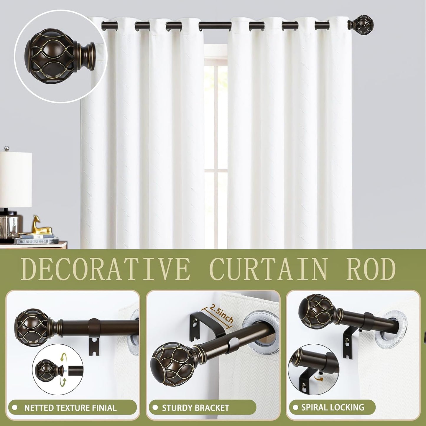 Bronze Farmhouse Curtain Rods for Windows:72-144" Heavy Duty Adjustable Long Curtain Rod for Bedroom Living Room,Boho Decorative Rustic Drapery Rods with Vintage Coastal Finials,Antique Bronze