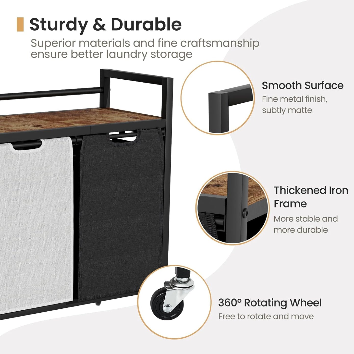 Laundry Hamper, Laundry Basket, Laundry Sorter with 2 Removable Bags, Clothes Basket with 2 Compartments, Wheels, Shelf for Laundry Room Bathroom Bedroom (2 Bags-Black Grey)