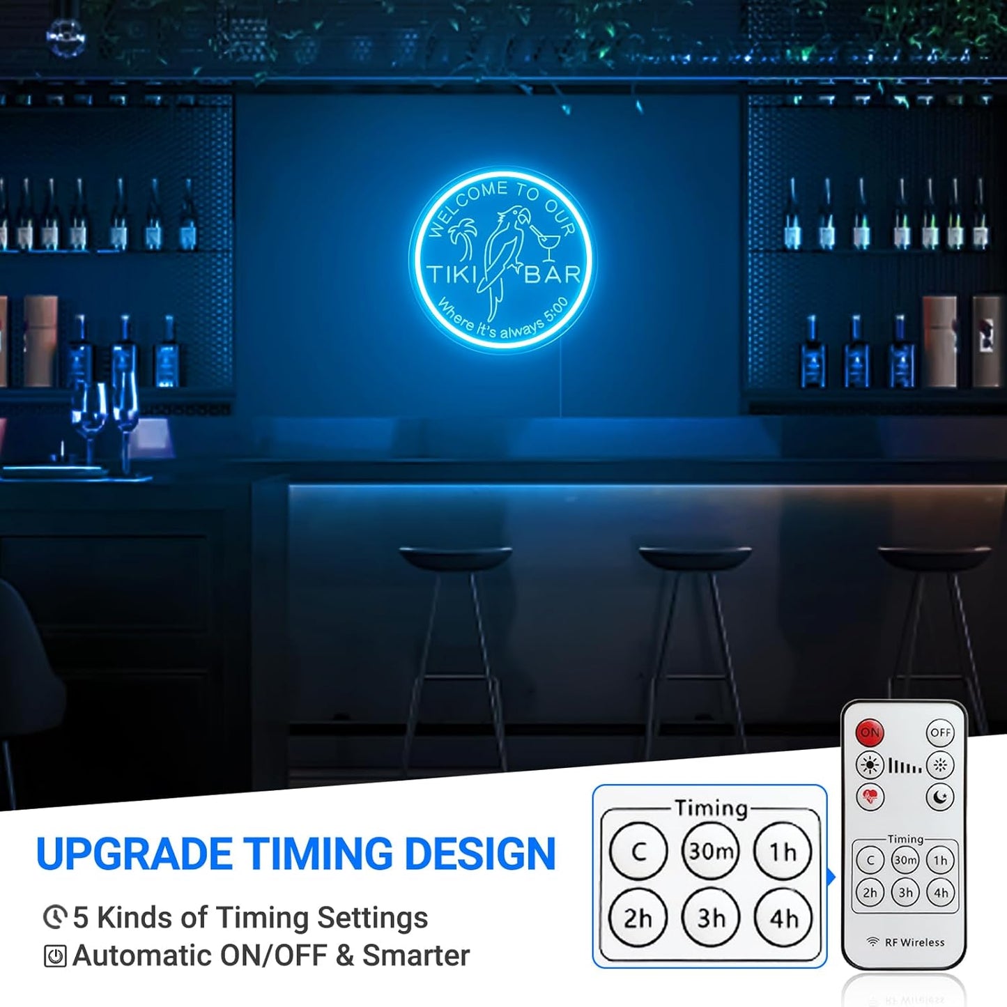 Tiki Bar Neon Sign for Bar Wall Decor, Timing Dimmable LED Neon Bar Lights, 3D Engraving Tiki Parrot Summer Light Up Signs for Home Pub Man Cave Club Restaurant Bistro Party, 12x12 Inch