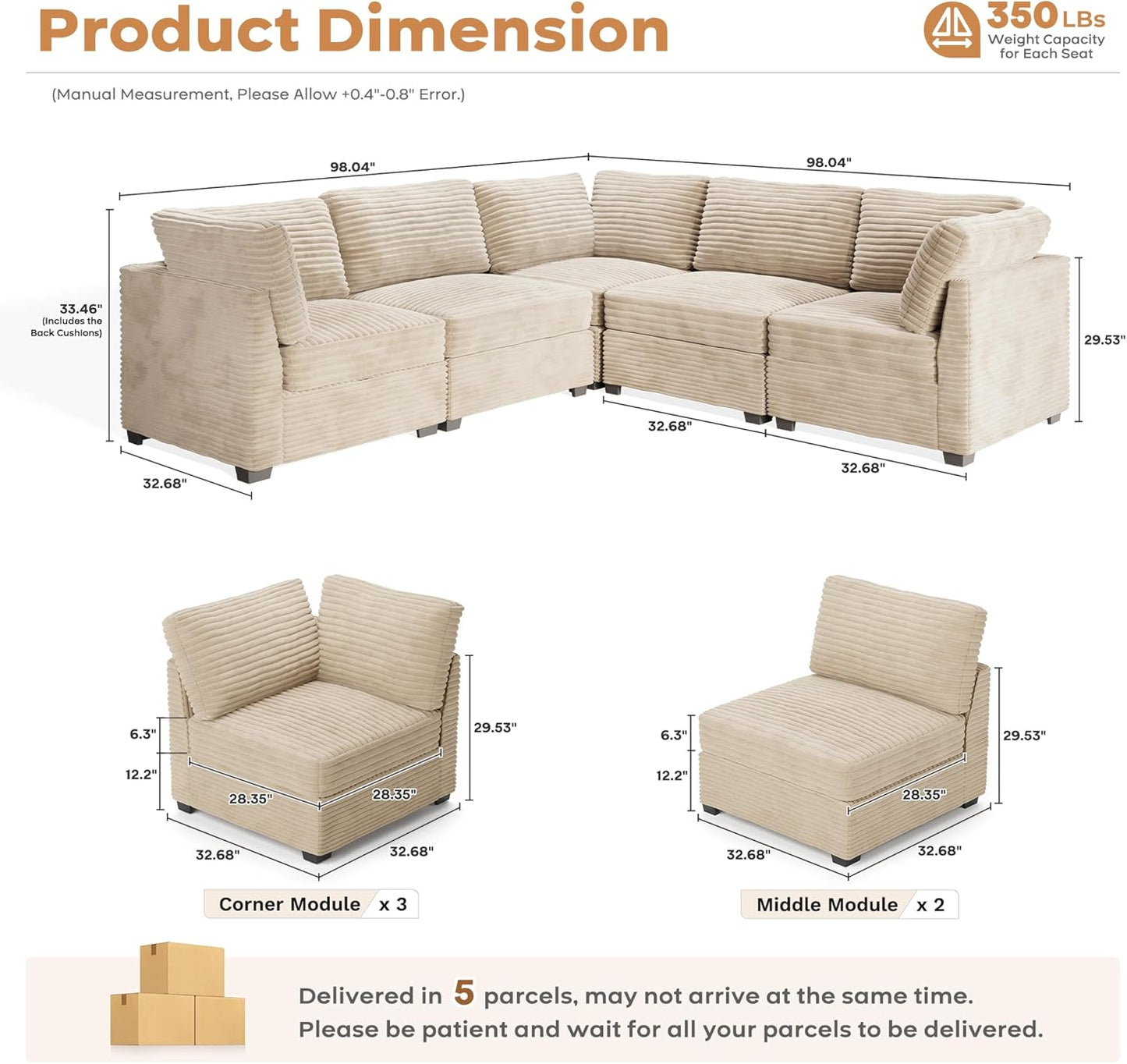 ovios Sectional Sofa Couch with L-Shape Chaise Convertible, Comfy Modular Cloud Couches with Deep Seat, Modern Upholstered Plush Corduroy Sofas Set for Living Room, 5-Seater, Beige