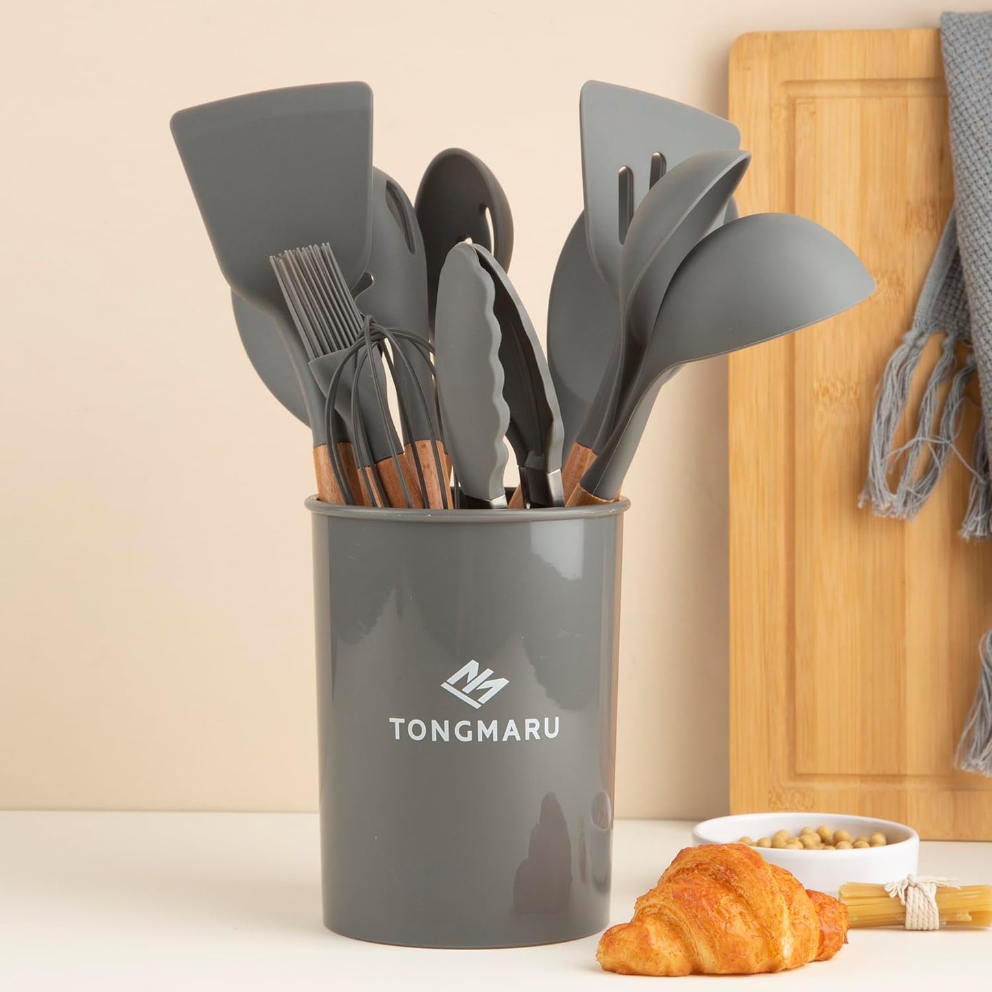 Silicone Cooking Utensils Set, Premium Beech Wood Handle Kitchen Gadgets Utensil Set, Non-Stick Kitchen Utensils Spatula, Tongs, Turner, Whisk, Brush, Spoon, BPA FREE, 446°F Resistant (Dark Gray)