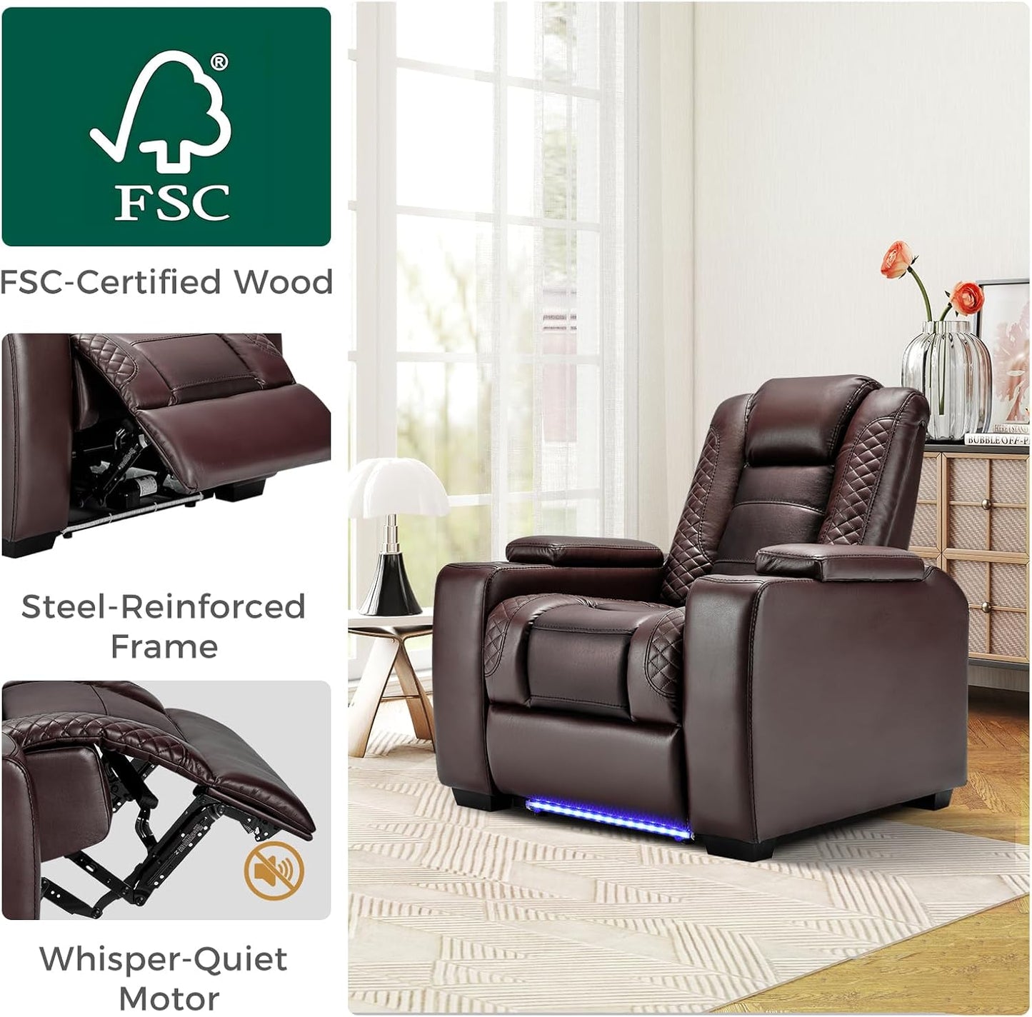 ANJ Power Home Theater Seating Set of 3, Brown Faux Leather Electric Recliner Chair with Powered Headrest, Dual Motors Movie Reclining Chairs with LED Lights,USB Port,Cup Holders, Hidden Arm Storage