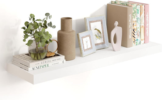 Heimlove 36 Inch White Floating Shelves for Wall,10 Inch Deep Wood Shelves with Invisible Brackets,Wall Mounted Storage & Display Shelves for Bedroom,Living Room,Kitchen,Office