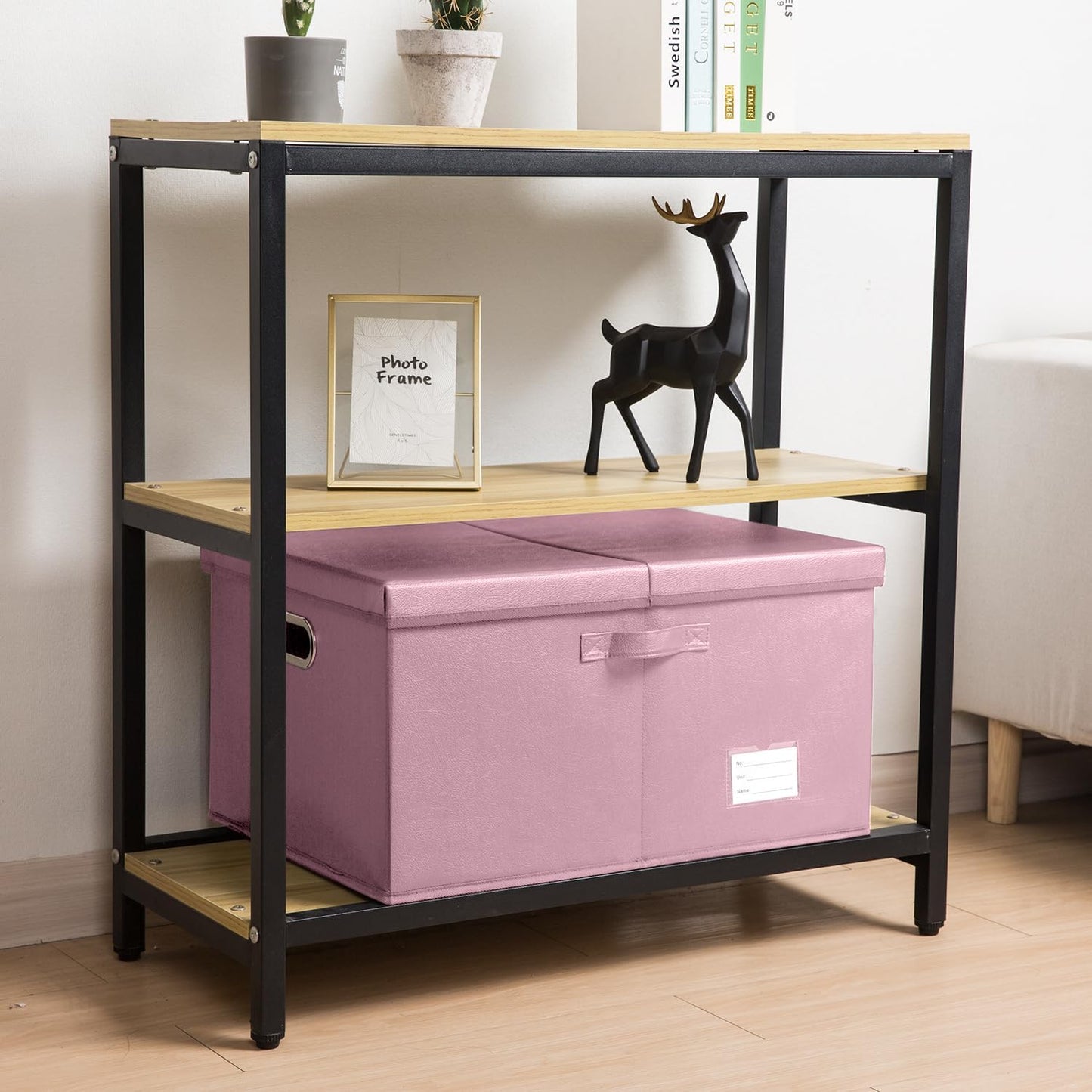 PRANDOM Collapsible Storage Box with Lid [1-Pack] Leather Fabric Foldable Storage Bin Organizer Container Basket Cube with Cover for Home Bedroom Closet Office Nursery Pink (22.8X15.7X11.8)