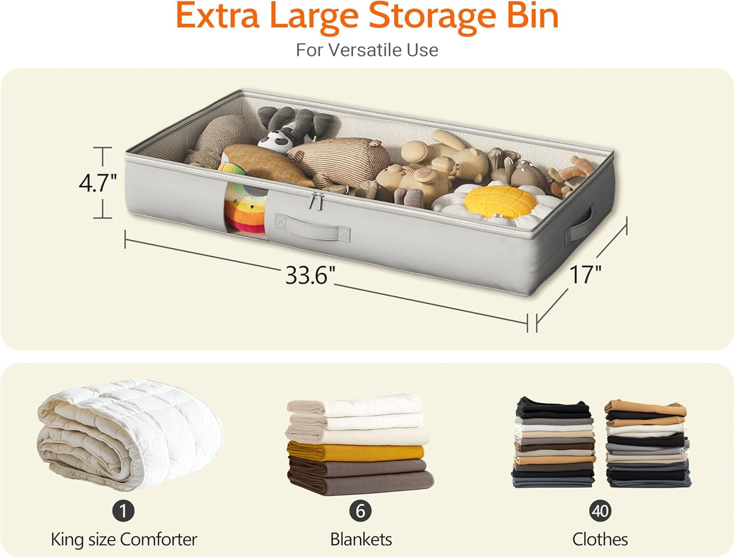 Under Bed Storage Containers with Window, Closet Organizers and Storage Bags, Foldable Underbed Storage Bags for Blankets, Clothing, Comforter, Linen Sheets, Wrapping Paper, 1 Pack, Grey