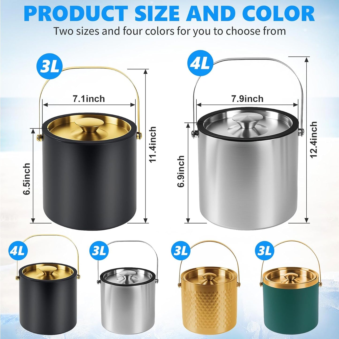 Ice Bucket, Ice Bucket with Silicone Sealing Ring Double-Wall Vacuum Insulation Champagne Buckets with Filter Layer Ice Tongs Ice Scoop (Black-Silver, 3 L)