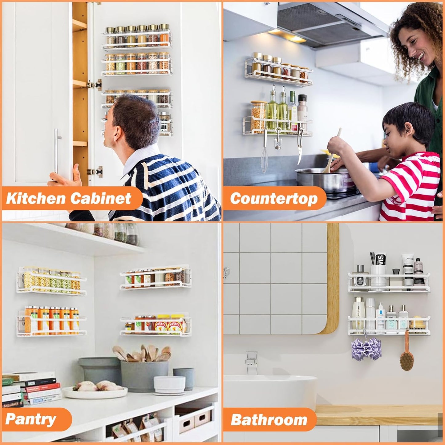 Spice Rack wall mounted 4 Pack, Space-Saving Spice Organizer for Spice Jars and Seasonings,Screw or Adhesive Hanging Spice Rack Organizer for Your Kitchen Cabinet,or Pantry Door,White