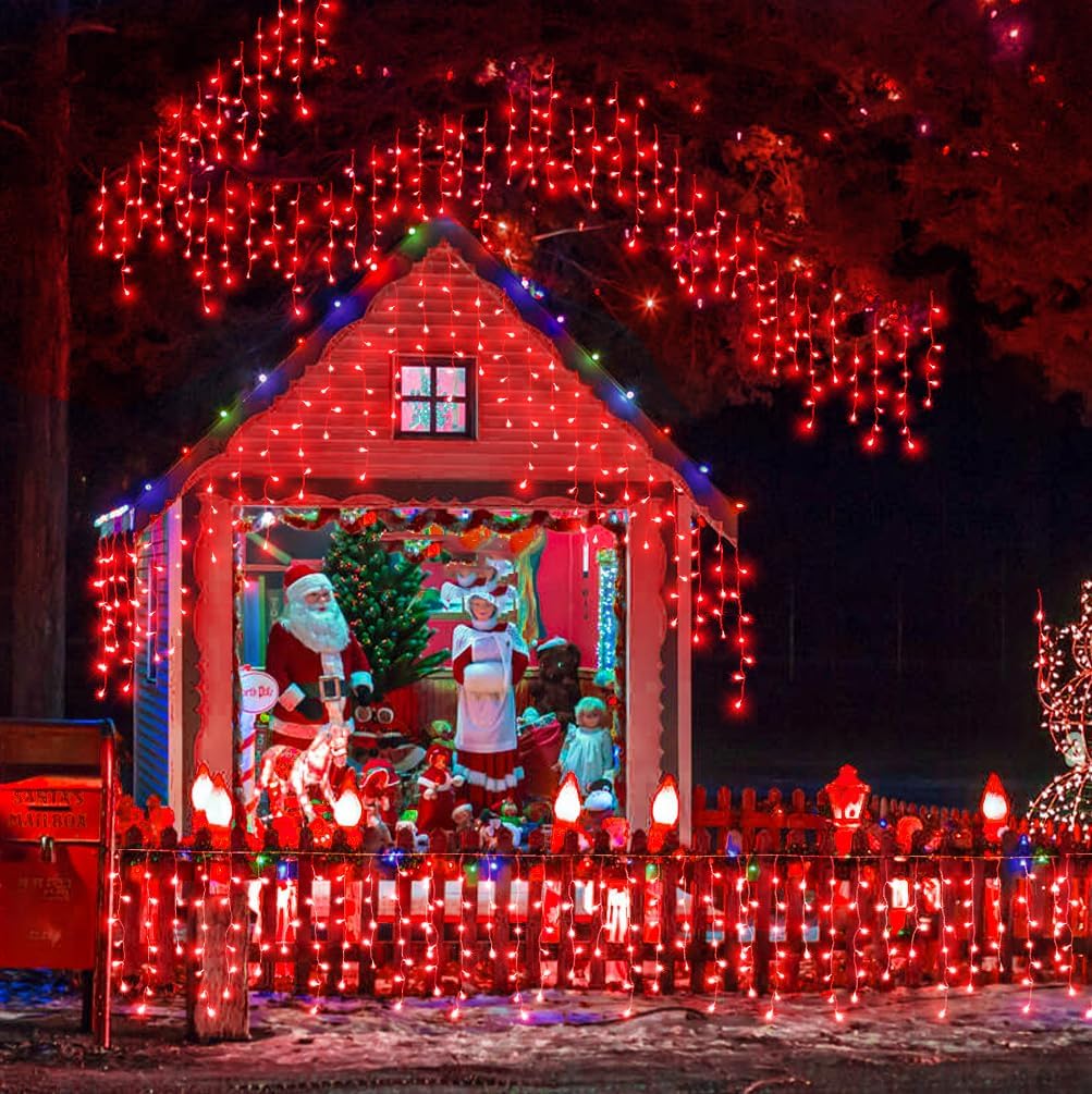 Icicle Lights for Outside, 33FT 400 LED Christmas Lights with 8 Modes 75 Drops, Waterproof Plug in Curtain String Light for Outdoor Indoor House Patio Fence Wedding Decorations, Red