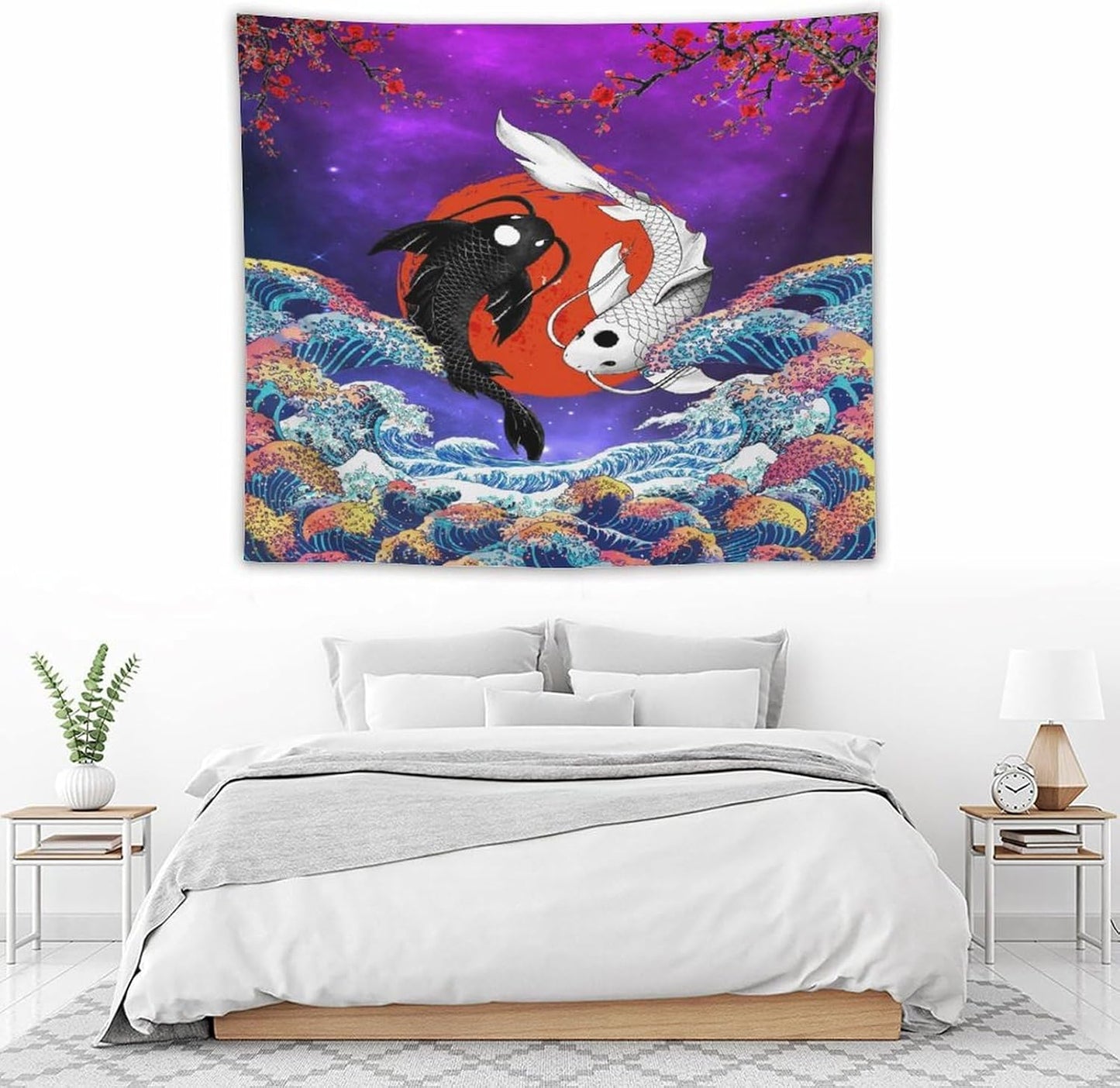 Houselerax Japanese Koi Fish Tapestry, Yin Yang Big Wave Cherry Blossom Tapestries Wall Hanging for Bedroom Living Room Office Decor 60"x50"