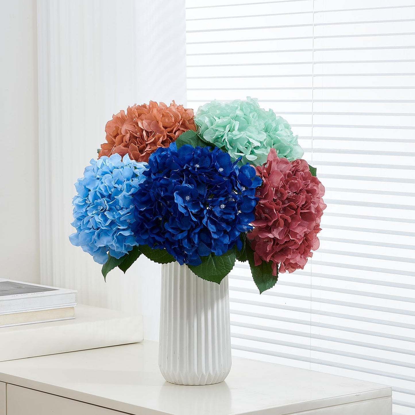 8Pcs Blue Fake Flowers Silk Hydrangea Artificial Flowers Bouquets Faux Hydrangea Stems for Home Table Centerpieces Wedding Party Decoration