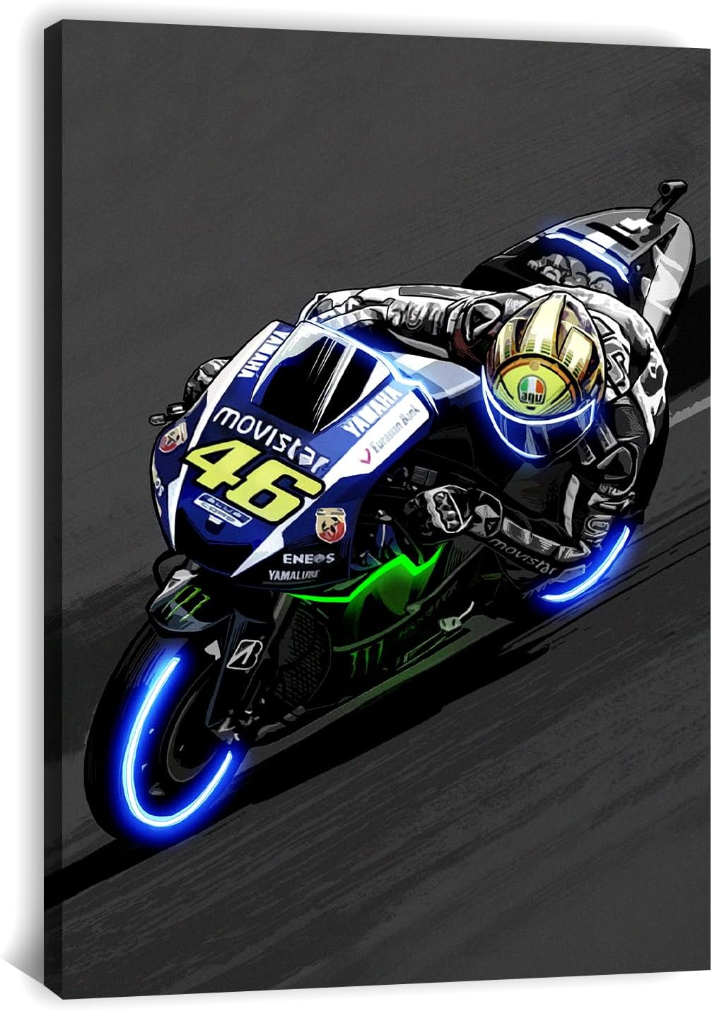 Sorventina Neon-Style Blue #46 YZR-M1 GP Bikes Canvas Wall Art - 16x24 Wrapped Frame, Non-LED, Ideal Home Decor for Bedroom Living Room Office Garage or Man Cave