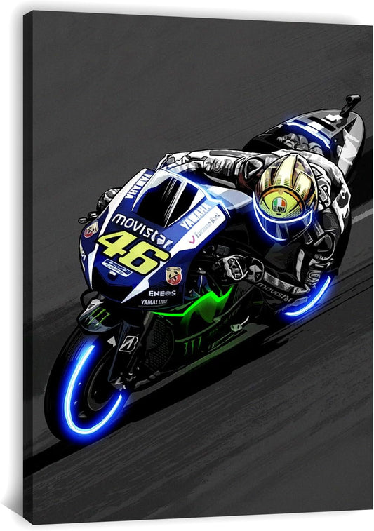 Sorventina Neon-Style Blue #46 YZR-M1 GP Bikes Canvas Wall Art - 16x24 Wrapped Frame, Non-LED, Ideal Home Decor for Bedroom Living Room Office Garage or Man Cave